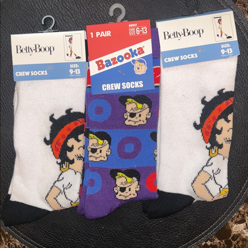 Betty Boop and Bazooka Crew Socks - White, Black, and Purple
